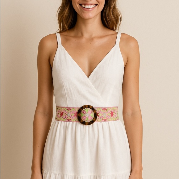 HADLEY POLLET BELT FABRIC EMBROIDERED TORTOISESHELL BUCKLE ARTISAN BOHO FESTIVAL - Picture 1 of 8